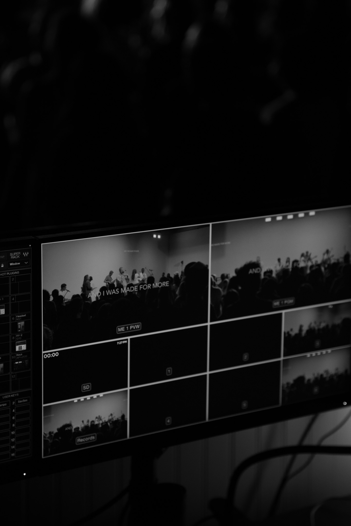 A video production monitor displaying views of a worship service